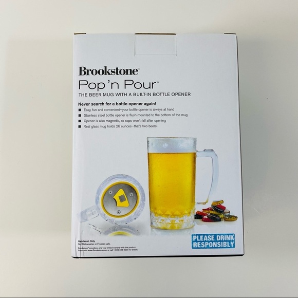 Brookstone Pop N Pour Glass Beer‎ Mug Built In Bottle Opener New in Box NIB NWT - Picture 4 of 8